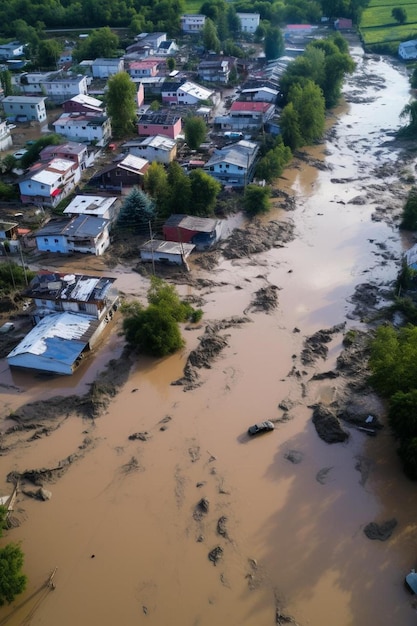 Uma aldeia é cercada por água e casas.