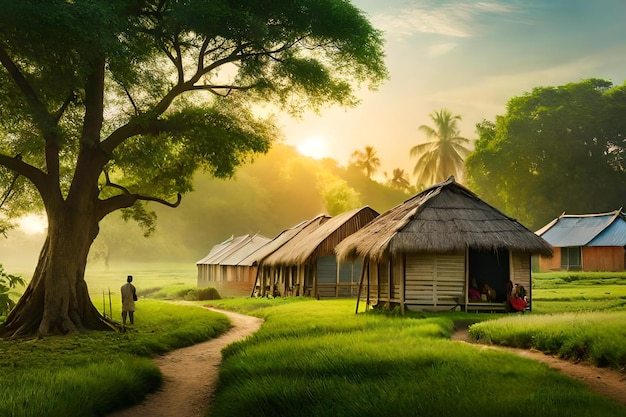 Uma aldeia na selva com um homem parado em frente a uma cabana.