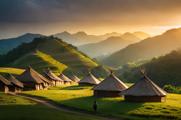 Uma aldeia nas montanhas com um pôr do sol ao fundo