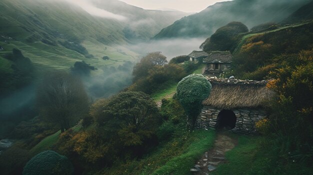 Uma aldeia nas montanhas com um telhado de colmo e uma montanha verde ao fundo.