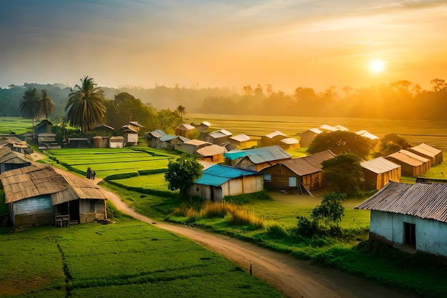 Uma aldeia no campo ao pôr do sol