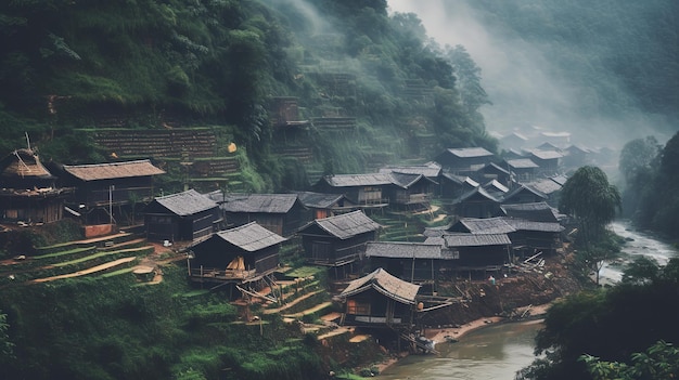 Uma aldeia no rio em sapa