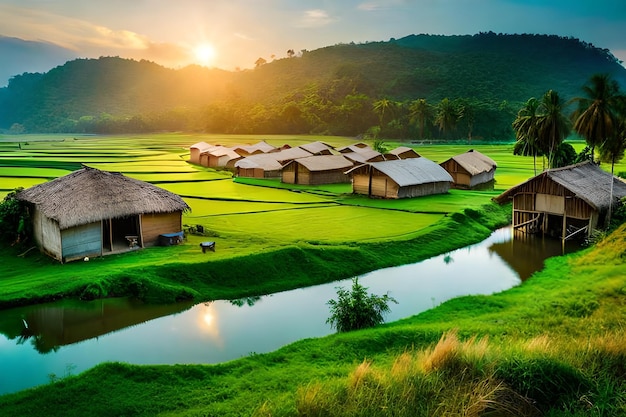 uma aldeia nos campos de arroz