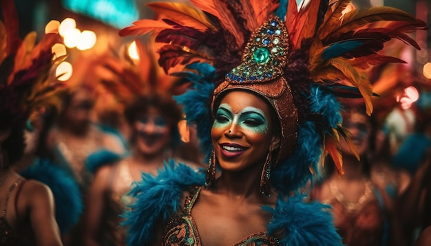 Uma alegre dançarina de samba em traje tradicional se apresenta no carnaval gerado por IA