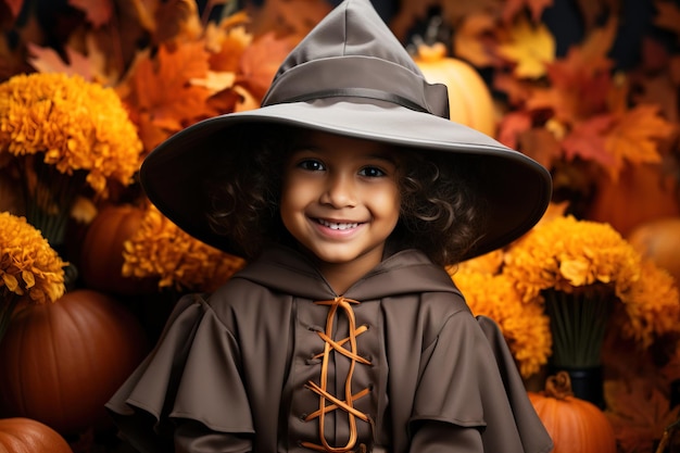 Uma alegre garota latina em uma linda fantasia de bruxa Abóboras de Halloween ao fundo