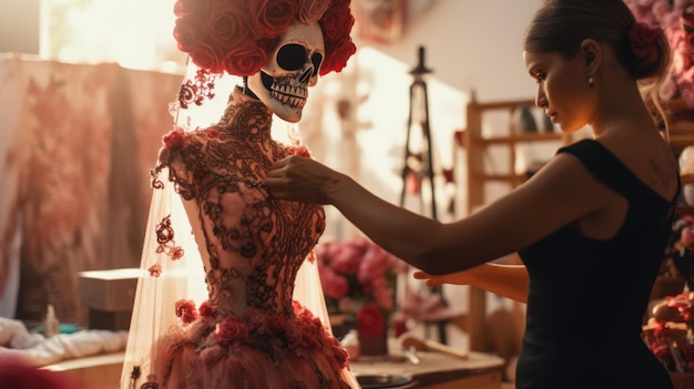 Uma alfaiate costura um vestido para o feriado mexicano Dia dos Mortos Santa Muerte AI
