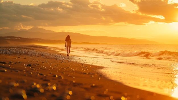 Uma alma despreocupada salta ao longo de uma praia de areia