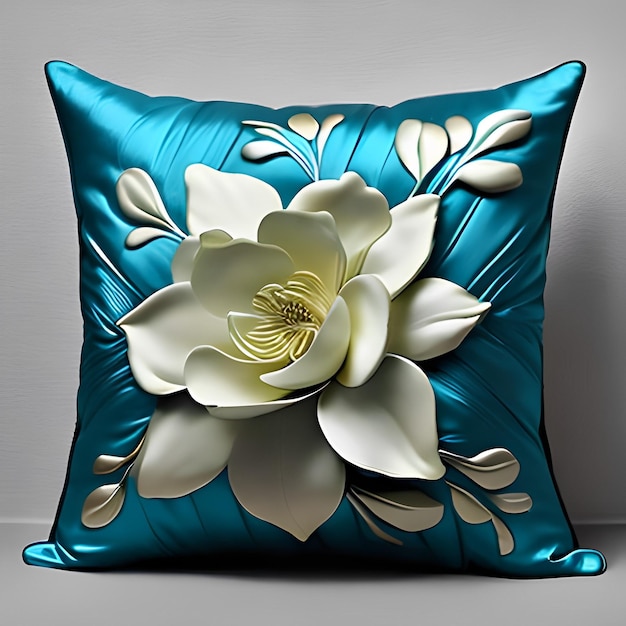 Uma almofada azul com uma grande flor branca