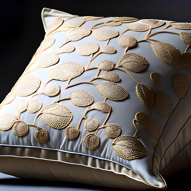 Uma almofada com desenhos de folhas de ouro repousa sobre uma superfície escura.