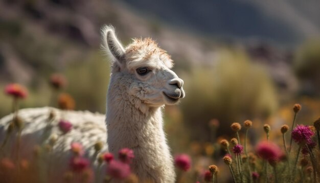 Uma alpaca bonita pastando grama verde olhando para uma câmera gerada por inteligência artificial