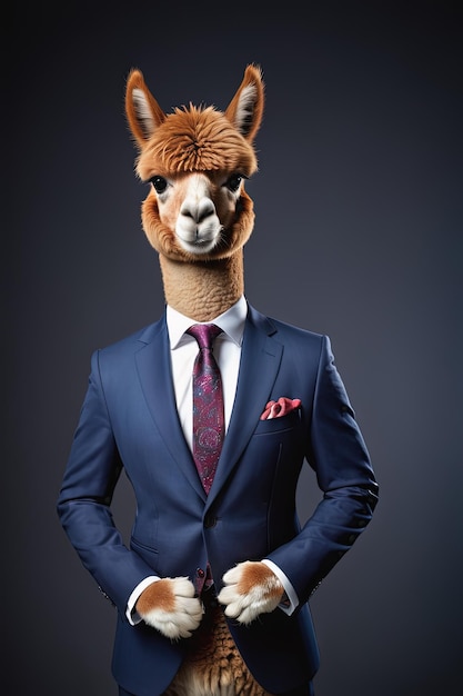 Uma alpaca bonita veste um fato ocidental.