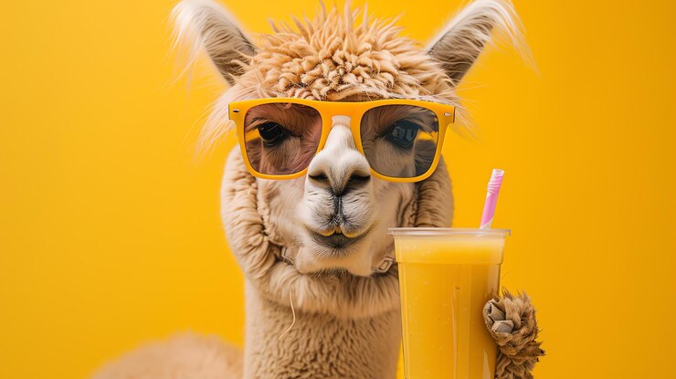 Foto uma alpaca fofa usando óculos de sol e segurando uma chávena de suco de laranja