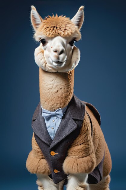Foto uma alpaca usa um colete de fato