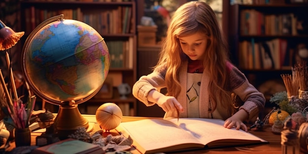 Foto uma aluna da escola em uma mesa de madeira vintage cercada por livros antigos com um globo brilhante sonhando com aventura e exploração generative ai