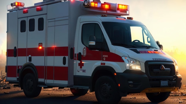 Uma ambulância da cruz vermelha está estacionada na estrada.