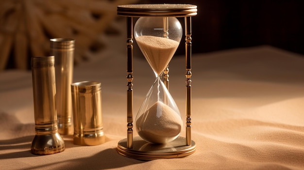 Uma ampulheta genuína, um relógio antiquado e um ilustrador de IA generativa de areia dourada