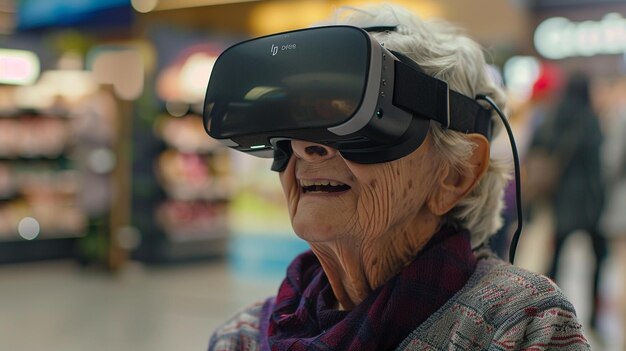 Uma anciã profundamente envolvida numa experiência de VR o seu sorriso contagioso
