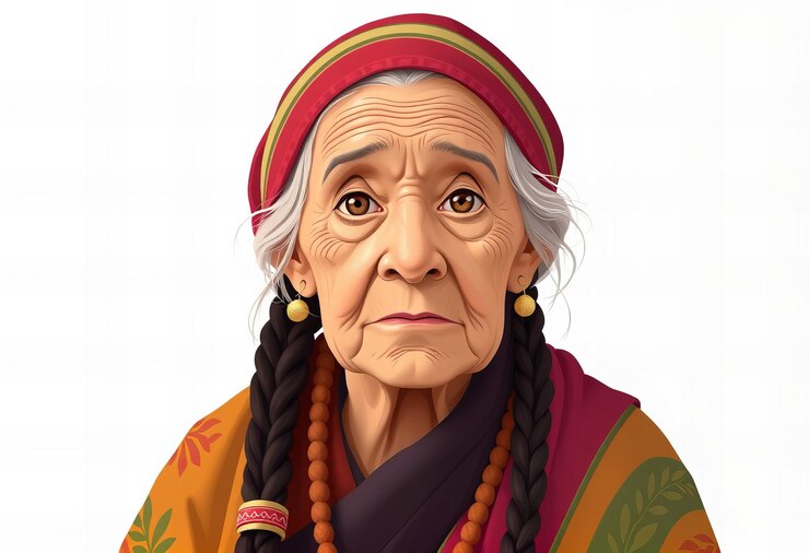 Foto uma anciã sábia com olhos expressivos vestida com trajes tradicionais compartilhando seu conhecimento de sua