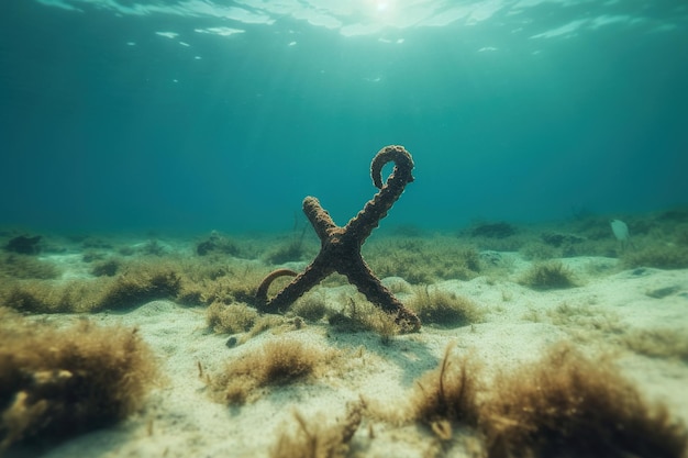 Uma âncora debaixo da água do mar com fundo natural do mar