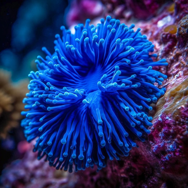 Uma anêmona-do-mar azul com um corpo roxo e azul.