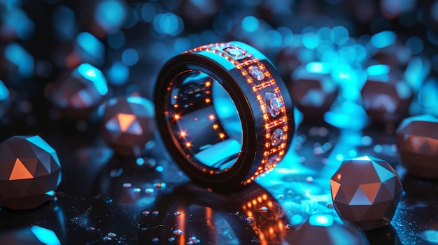 Uma animação 3D de um anel inteligente futurista brilhando em uma superfície de diamante refletor mostrando tecnologia portátil avançada e a integração de moda com luxo de alta tecnologia