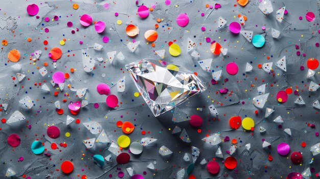Uma animação 3D visualmente impressionante de um centro de palco de diamante branco impecavelmente cortado cercado por uma vibrante tempestade de confetes coloridos de néon e formas geométricas em uma superfície cinzenta texturizada