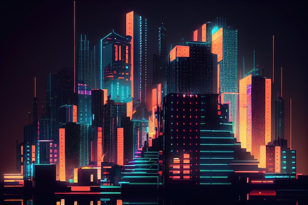 Uma animação stopmotion digital com falhas do horizonte de uma cidade à noite com prédios e letreiros de néon aumentando e diminuindo o zoom