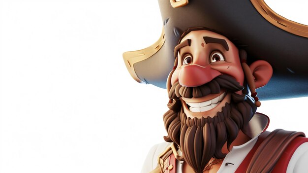 Uma animada e encantadora ilustração 3D de um pirata alegre capturado em um retrato em close-up Com um sorriso travesso e um brilho em seus olhos este personagem adorável está cheio de aventura e