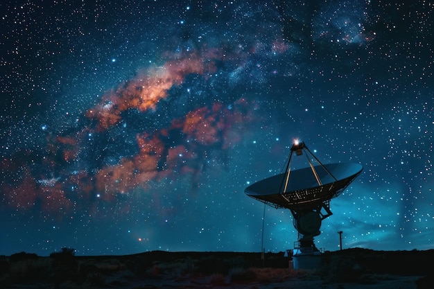 Foto uma antena parabólica contra um céu noturno com a via láctea