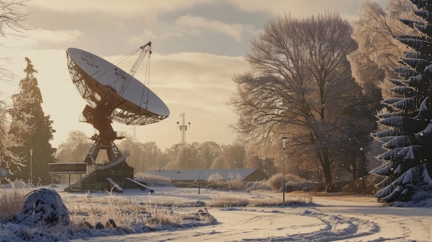 Foto uma antena parabólica sentada no topo de um campo coberto de neve perfeito para tecnologia e projetos temáticos de inverno