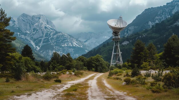 Uma antena parabólica solitária está em um campo cercado de árvores e montanhas