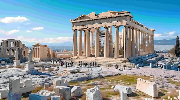 Uma antiga ágora grega cheia de filósofos envolvidos em debates animados, cercados por estátuas de mármore requintadamente esculpidas