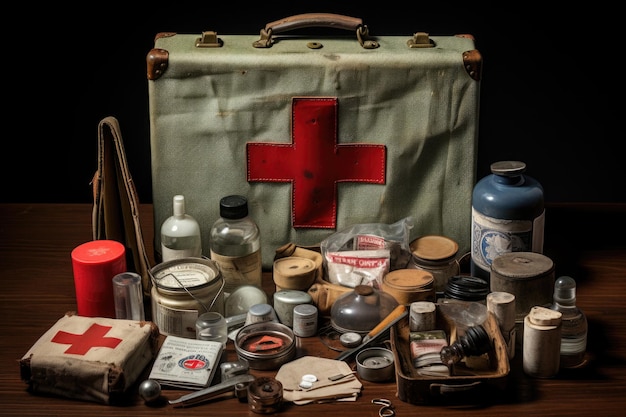 uma antiga caixa de kit de primeiros socorros médicos de emergência vintage com medicamentos da Primeira Guerra Mundial