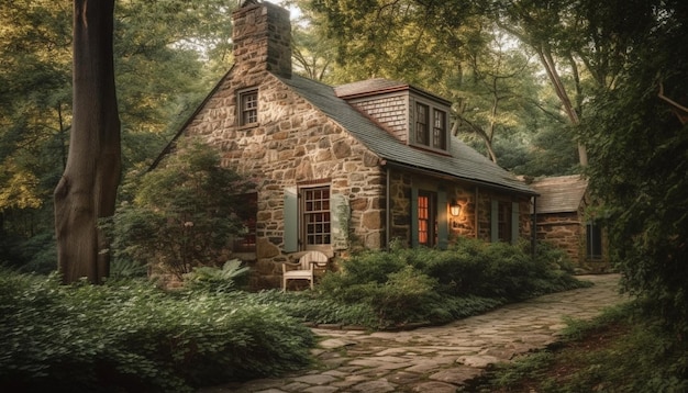 Uma antiga capela fica em uma tranquila paisagem verde abandonada e antiquada gerada por IA