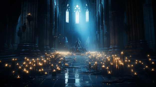 Uma antiga catedral à luz de muitas velas