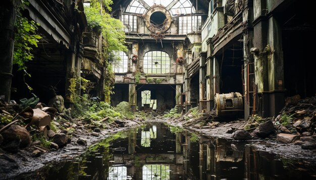 Foto uma antiga fábrica em ruínas reflete a história em uma tranquila astúrias gerada pela ia