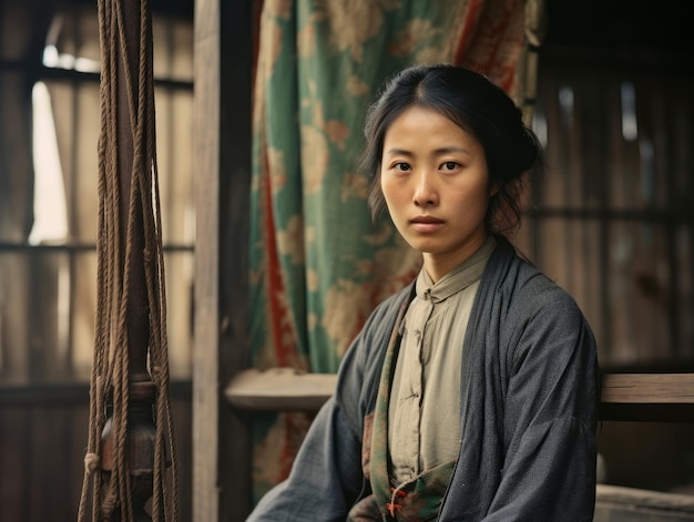 Uma antiga fotografia colorida de uma mulher asiática do início de 1900