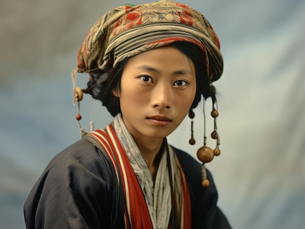 Uma antiga fotografia colorida de uma mulher asiática do início de 1900