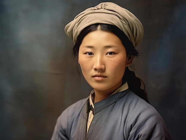 Uma antiga fotografia colorida de uma mulher asiática do início de 1900
