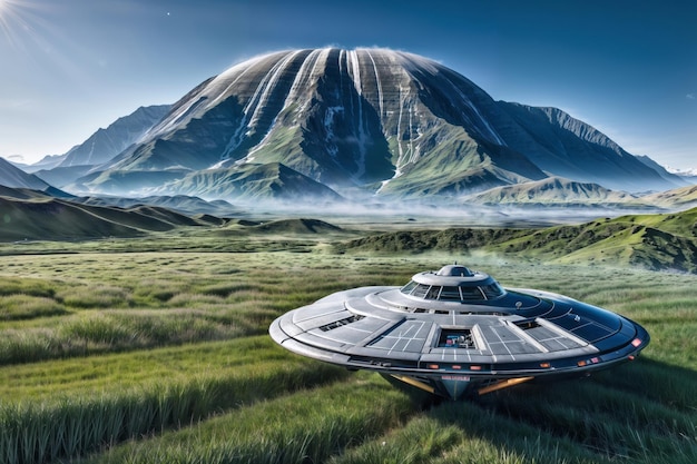 Uma antiga nave espacial alienígena intacta pousou num campo verde com uma grande montanha ao fundo.