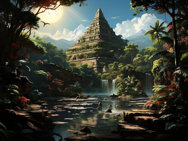 Uma antiga pirâmide maia erguendo-se da exuberante e densa floresta tropical