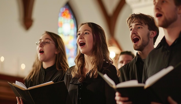 uma apresentação coral tradicional de Sexta-feira Santa ou canto de hinos em um cenário de igreja