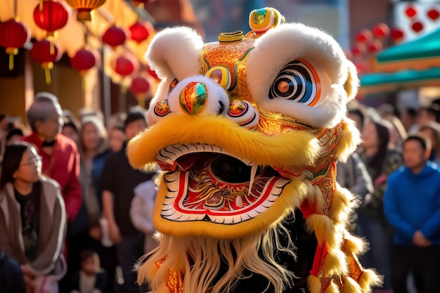 Uma apresentação de dança do leão em chinatown