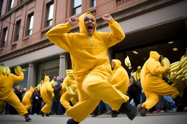 Uma apresentação de dança flash mob com tema de banana