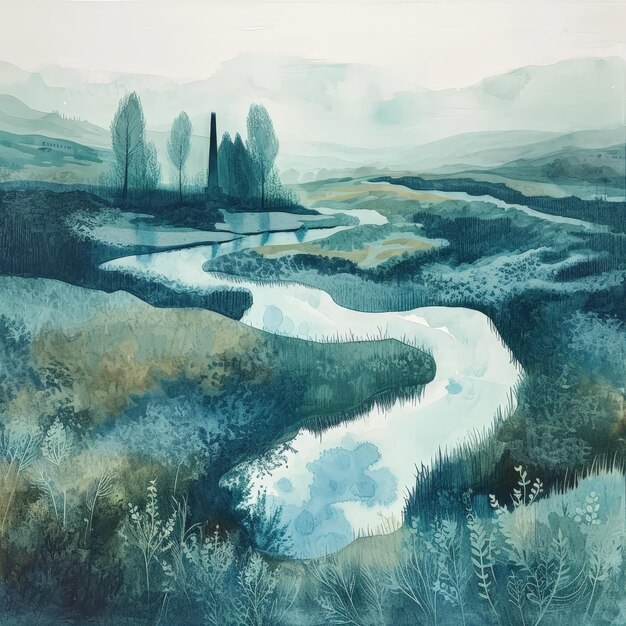 Foto uma aquarela de um rio que atravessa um campo gramado