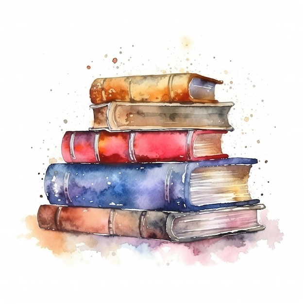 uma aquarela de uma pequena pilha de livros