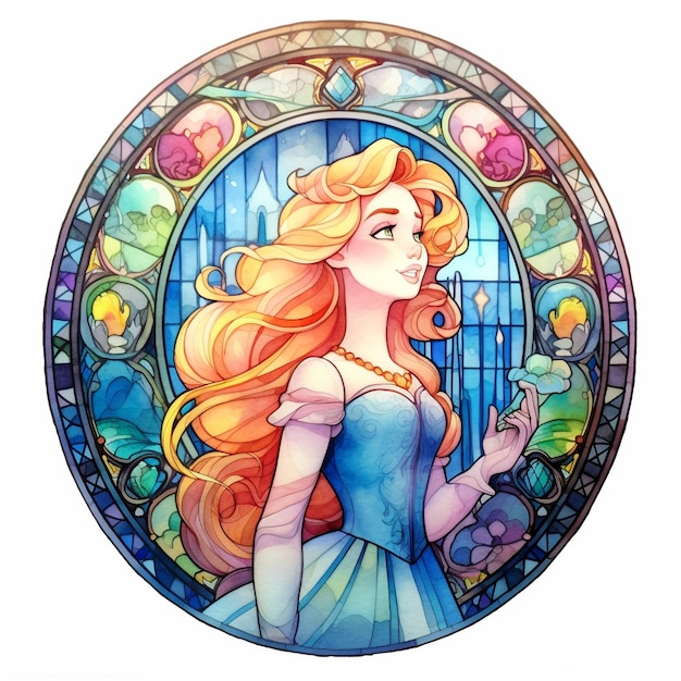 Uma aquarela de uma princesa da Disney em um vitral.