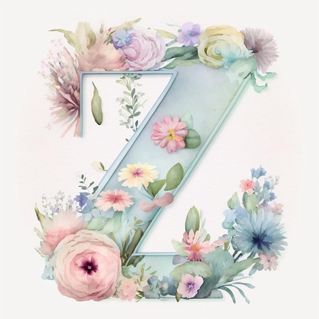 Uma aquarela letra z com flores e folhas.