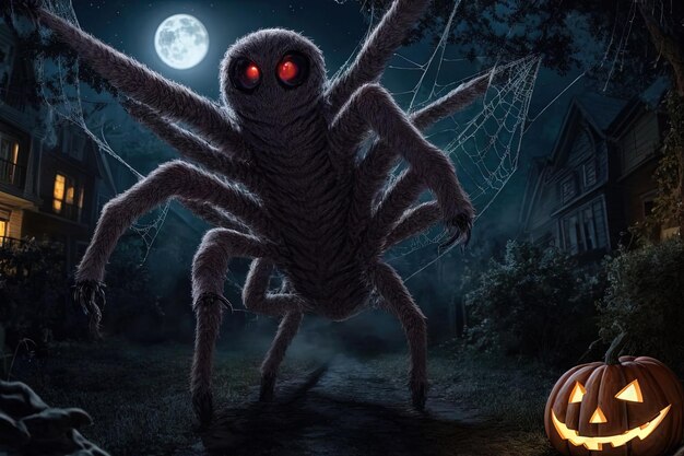 Uma aranha astuta tece intrincadas decorações de Halloween ao luar, transformando sua teia em uma ilustração assustadora de uma obra-prima