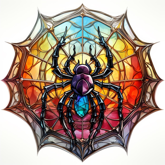 Uma aranha brilhantemente colorida em um guarda-chuva de vitral com teias de aranha generative ai